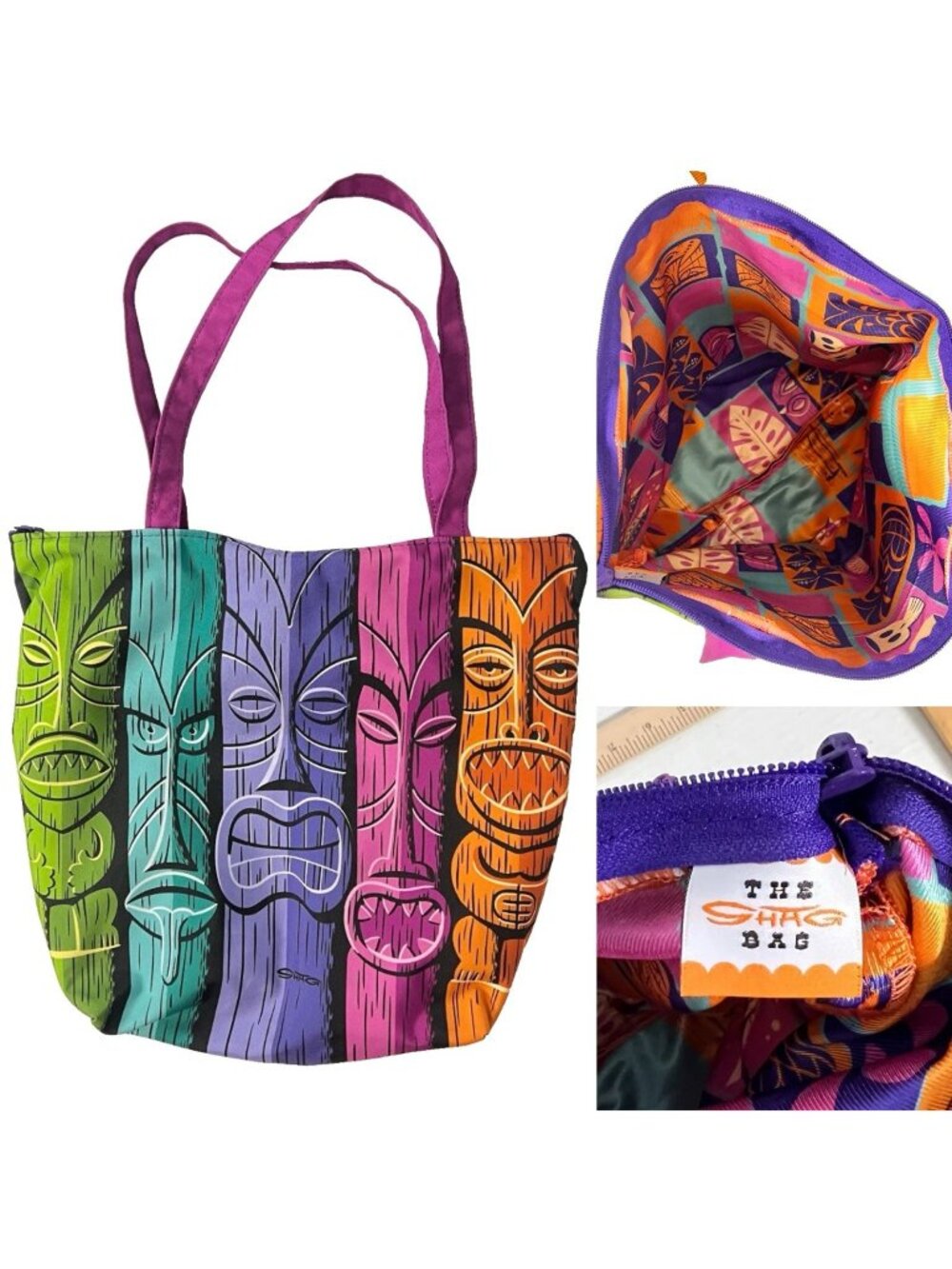 Shag Tiki Totem Zipper Tote Bag 16in Palm Springs MCM Carryall Books Beach